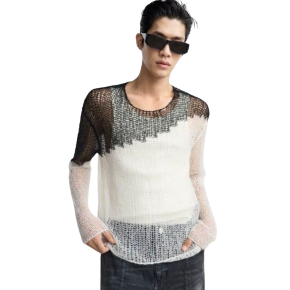 Zara Open Knit Black Cream Color Block Loose Lightweight Summer Sweater Sz S